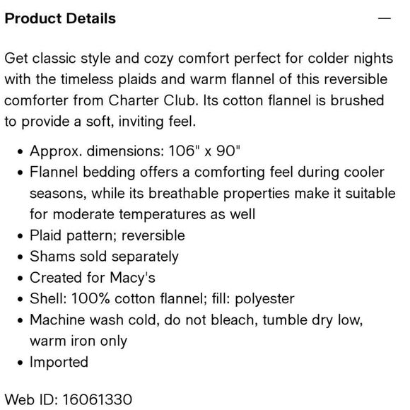 Homespun Plaid 100% Cotton Flannel Comforter, King ,Charter Club - Picture 6 of 9